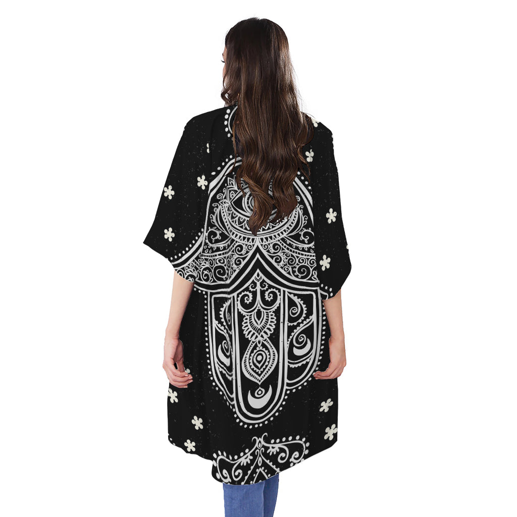 Black And White Hamsa Print Open Front Beach Cover Up