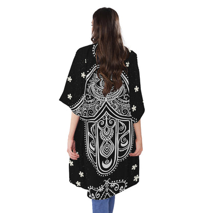 Black And White Hamsa Print Open Front Beach Cover Up