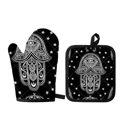 Black And White Hamsa Print Oven Mitt And Pot Holder Set