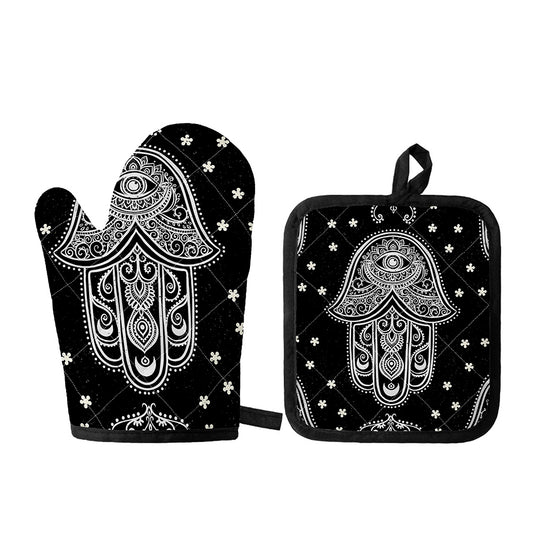 Black And White Hamsa Print Oven Mitt And Pot Holder Set