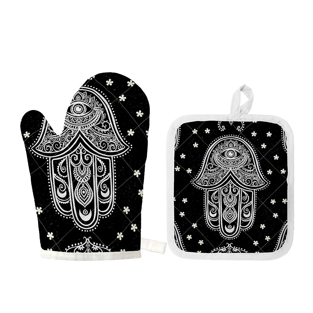Black And White Hamsa Print Oven Mitt And Pot Holder Set
