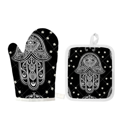 Black And White Hamsa Print Oven Mitt And Pot Holder Set