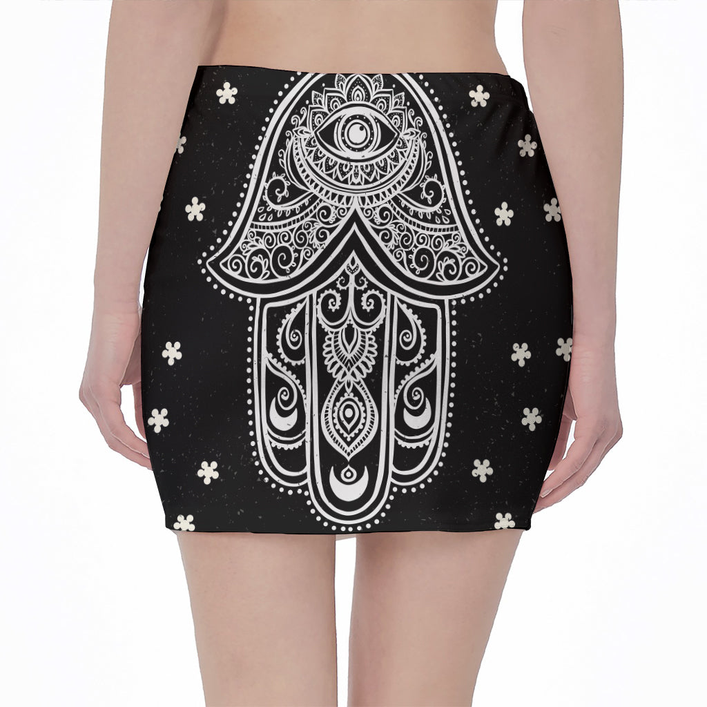 Black And White Hamsa Print Pencil Mini Skirt