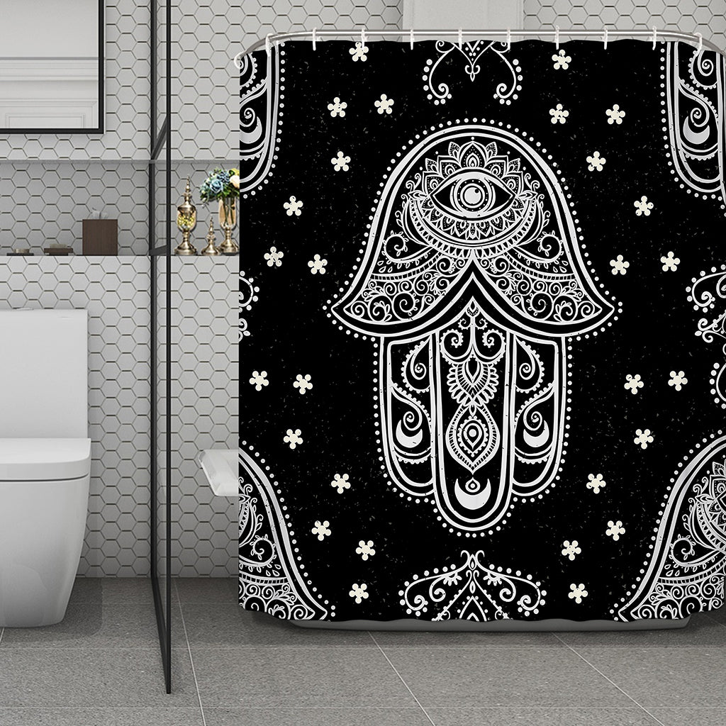 Black And White Hamsa Print Polyester Shower Curtain