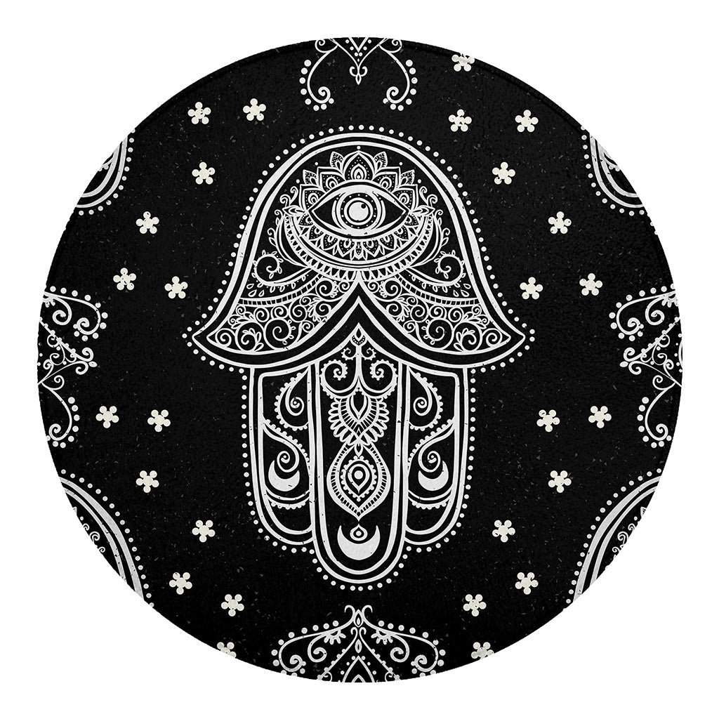 Black And White Hamsa Print Round Blanket