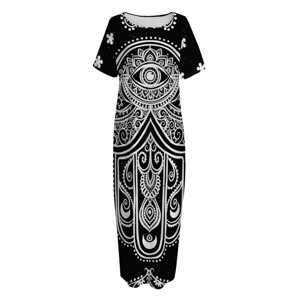 Black And White Hamsa Print Short Sleeve Long Nightdress