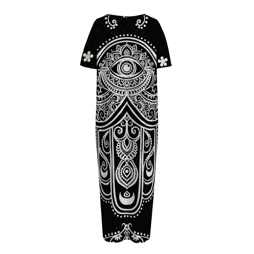 Black And White Hamsa Print Short Sleeve Long Nightdress