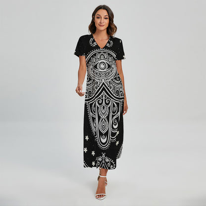 Black And White Hamsa Print Short Sleeve Maxi Dress