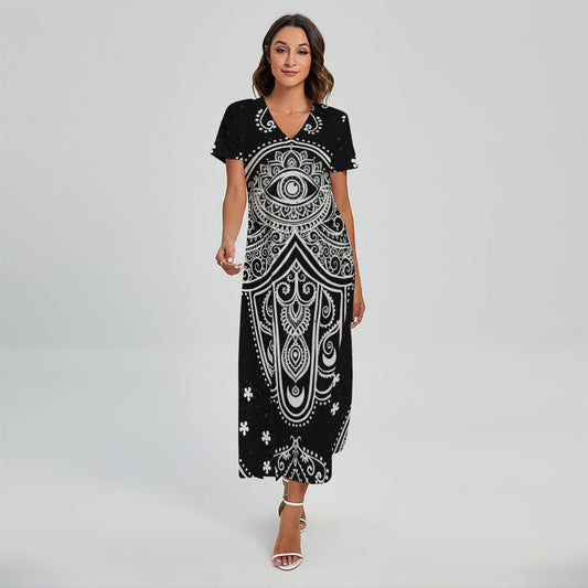 Black And White Hamsa Print Short Sleeve Maxi Dress