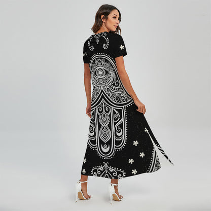 Black And White Hamsa Print Short Sleeve Maxi Dress