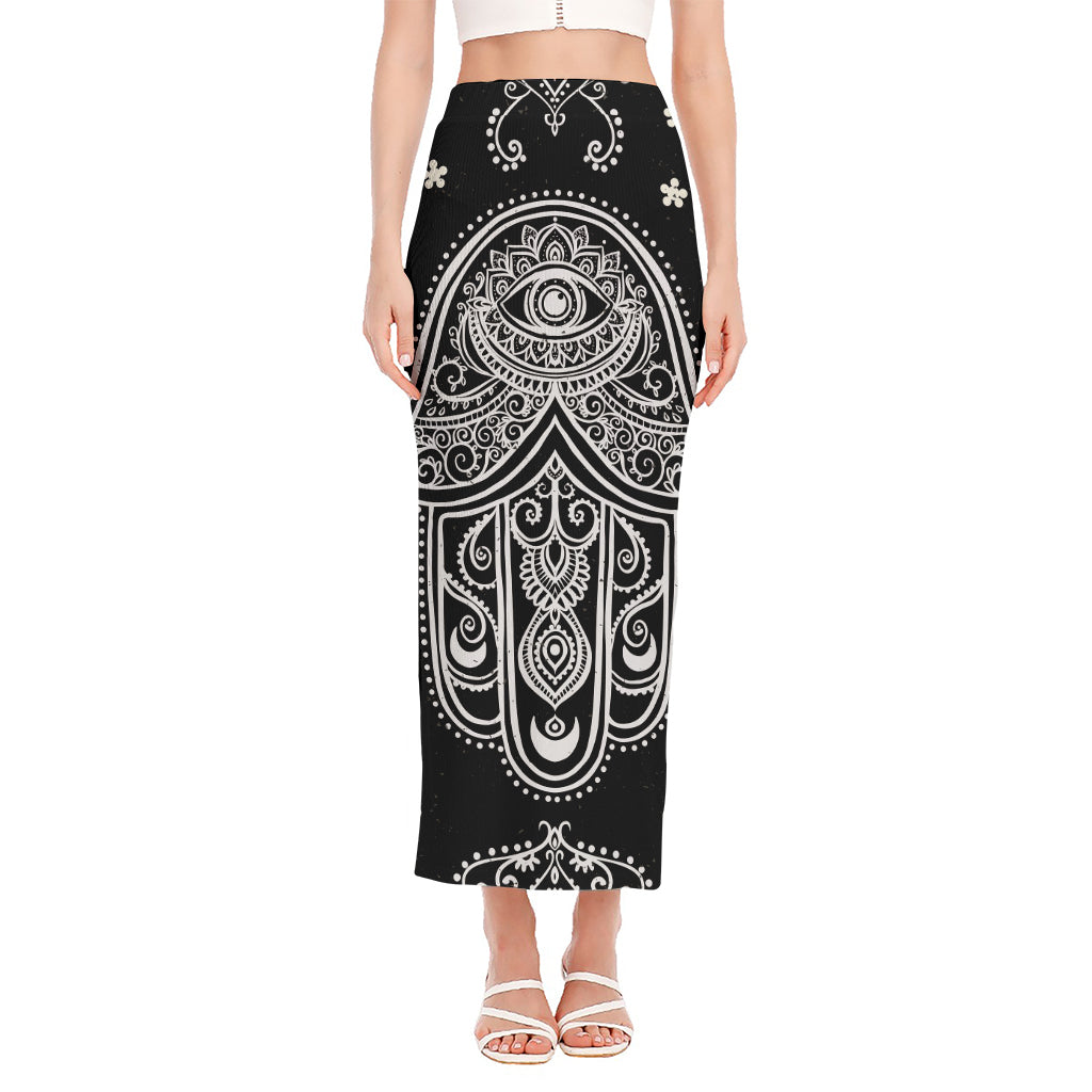 Black And White Hamsa Print Side Slit Maxi Skirt