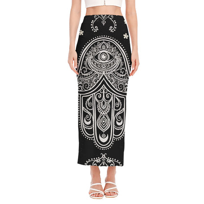 Black And White Hamsa Print Side Slit Maxi Skirt