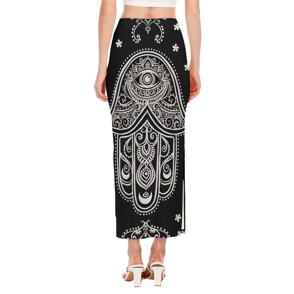 Black And White Hamsa Print Side Slit Maxi Skirt