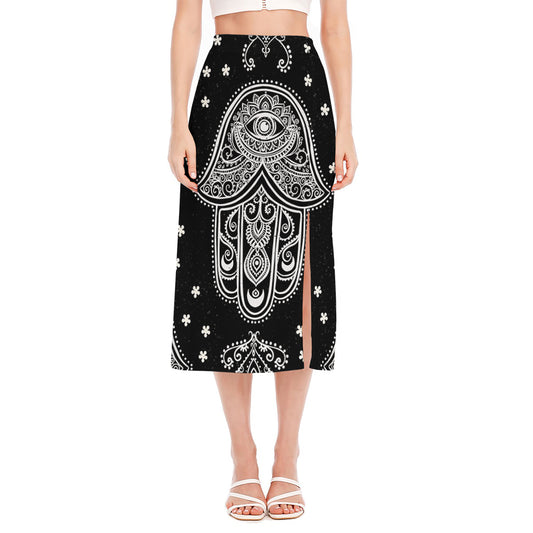 Black And White Hamsa Print Side Slit Midi Skirt