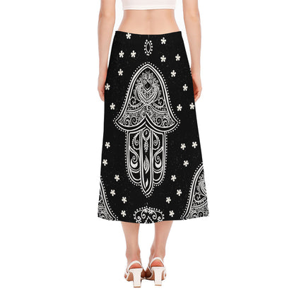 Black And White Hamsa Print Side Slit Midi Skirt