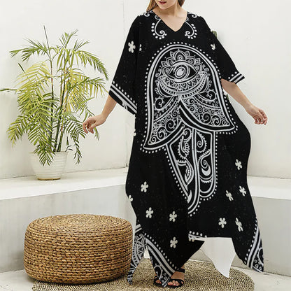 Black And White Hamsa Print Silk V-Neck Kaftan Dress
