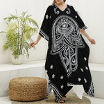 Black And White Hamsa Print Silk V-Neck Kaftan Dress