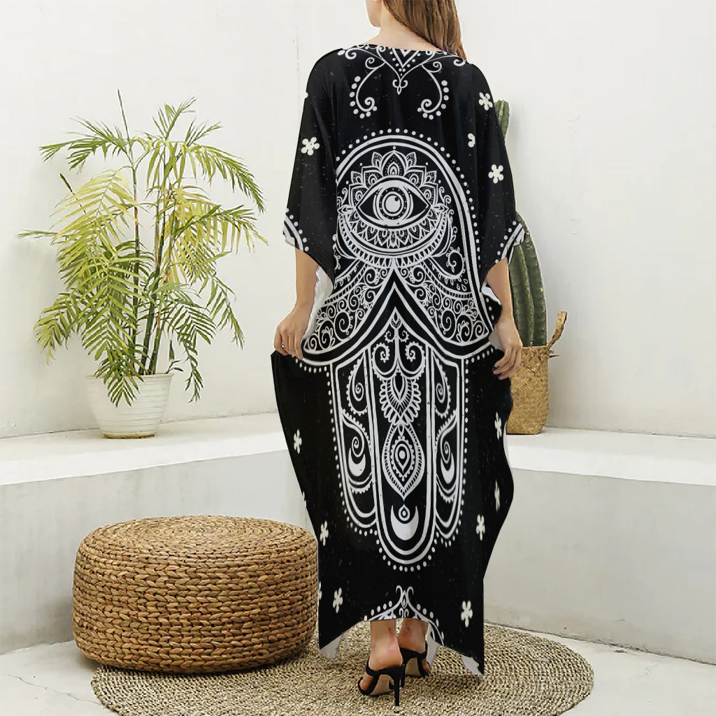 Black And White Hamsa Print Silk V-Neck Kaftan Dress