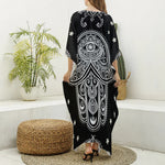 Black And White Hamsa Print Silk V-Neck Kaftan Dress