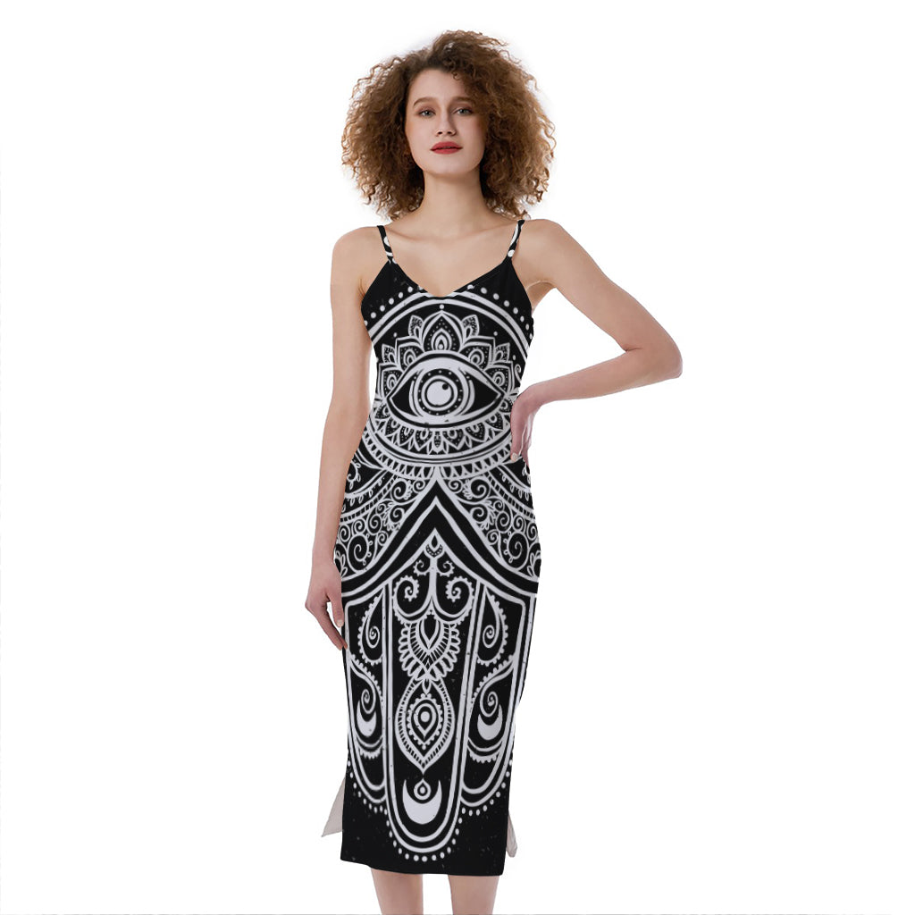 Black And White Hamsa Print Slim Fit Midi Cami Dress