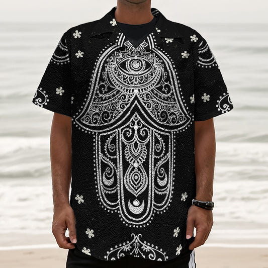 Black And White Hamsa Print Textured Short Sleeve Shirt