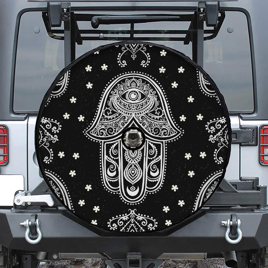 Black And White Hamsa Print Tire Cover With Camera Hole