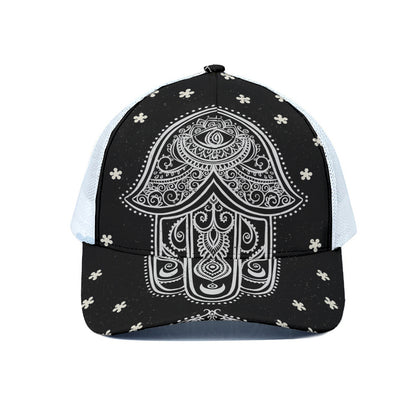 Black And White Hamsa Print White Mesh Trucker Cap