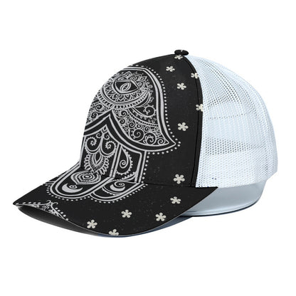 Black And White Hamsa Print White Mesh Trucker Cap