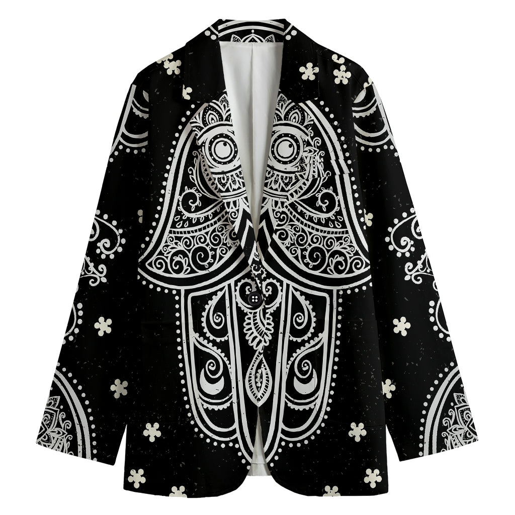 Black And White Hamsa Print Women's Cotton Blazer