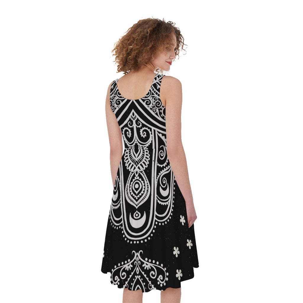 Black And White Hamsa Print Women's Sleeveless Dress