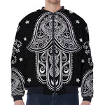 Black And White Hamsa Print Zip Sleeve Bomber Jacket