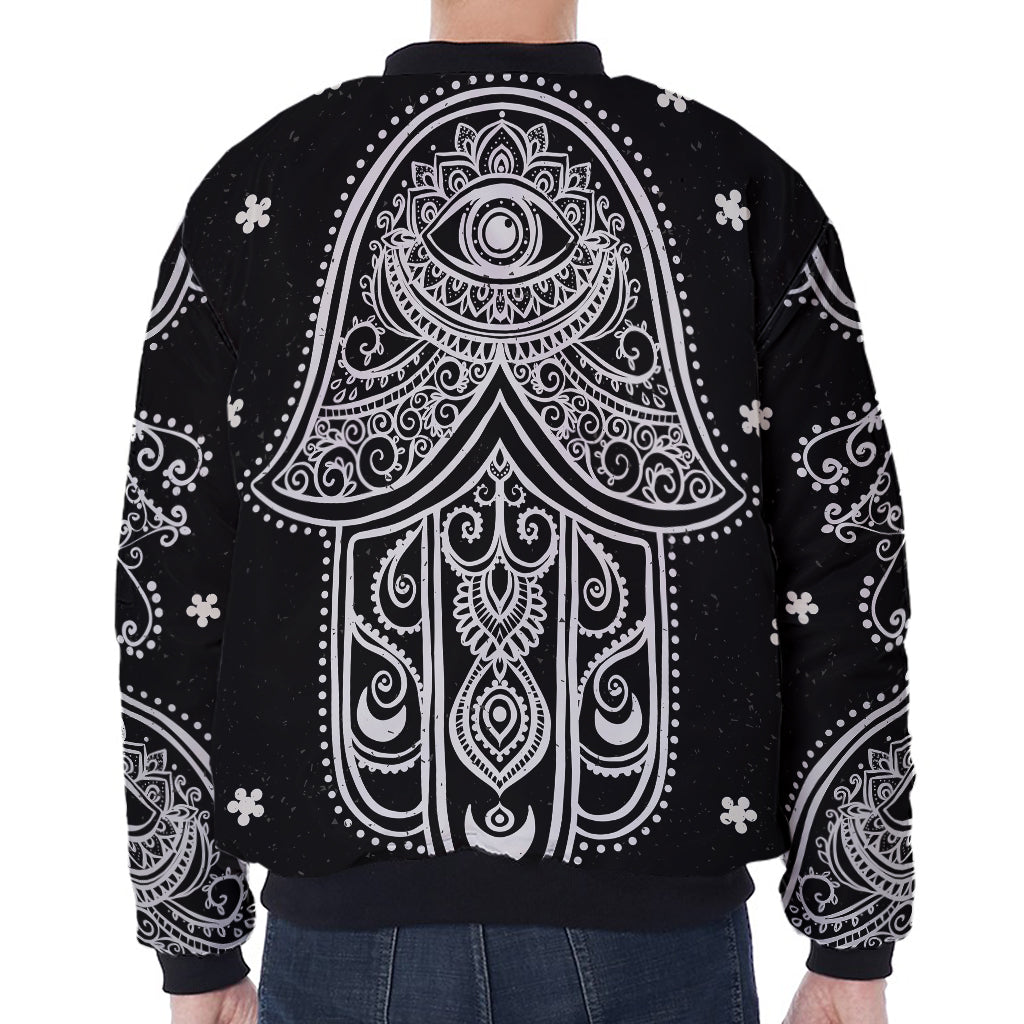 Black And White Hamsa Print Zip Sleeve Bomber Jacket