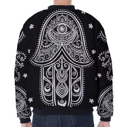 Black And White Hamsa Print Zip Sleeve Bomber Jacket