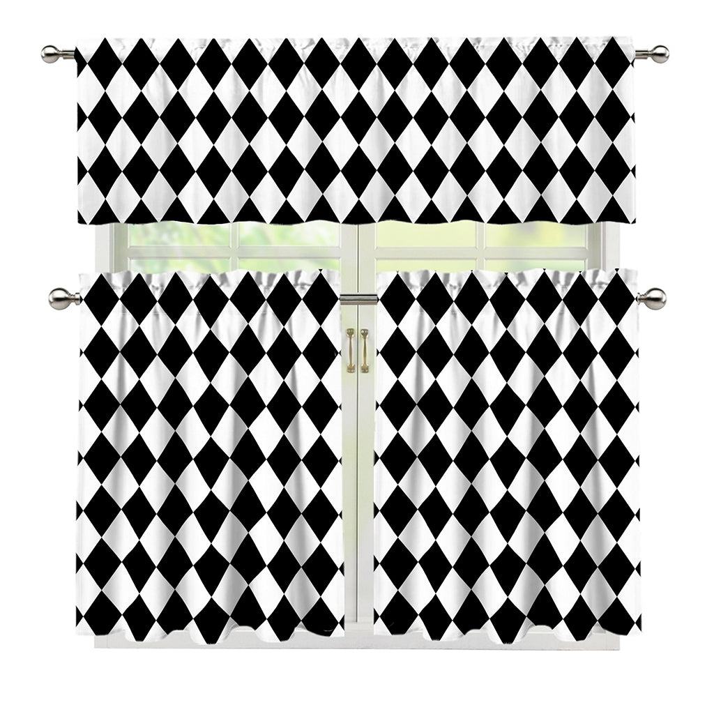 Black And White Harlequin Pattern Print 3 Piece Kitchen Curtains