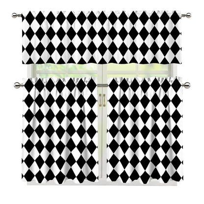 Black And White Harlequin Pattern Print 3 Piece Kitchen Curtains