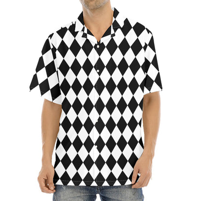 Black And White Harlequin Pattern Print Aloha Shirt