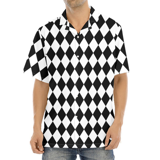 Black And White Harlequin Pattern Print Aloha Shirt
