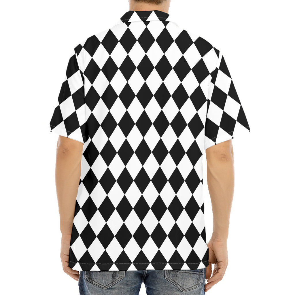 Black And White Harlequin Pattern Print Aloha Shirt
