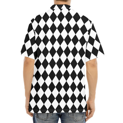 Black And White Harlequin Pattern Print Aloha Shirt