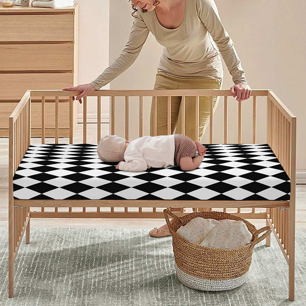 Black And White Harlequin Pattern Print Baby Crib Sheet