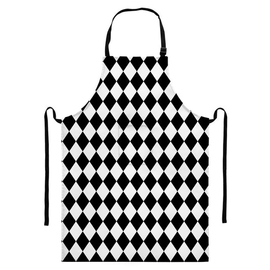 Black And White Harlequin Pattern Print Bib Apron With Pocket