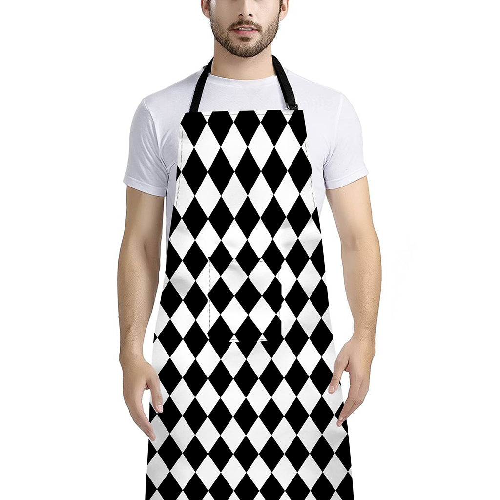 Black And White Harlequin Pattern Print Bib Apron With Pocket