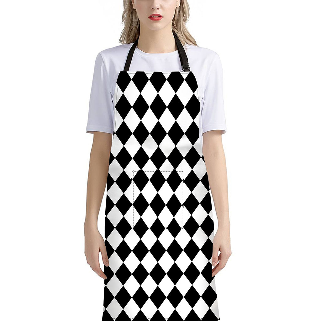Black And White Harlequin Pattern Print Bib Apron With Pocket