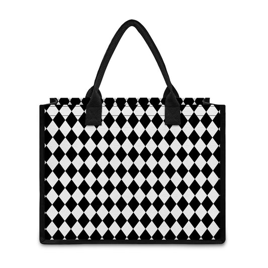 Black And White Harlequin Pattern Print Canvas Tote Bag