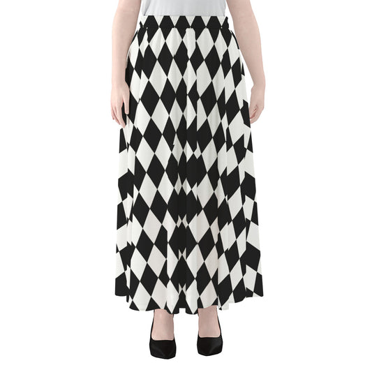 Black And White Harlequin Pattern Print Chiffon Maxi Skirt