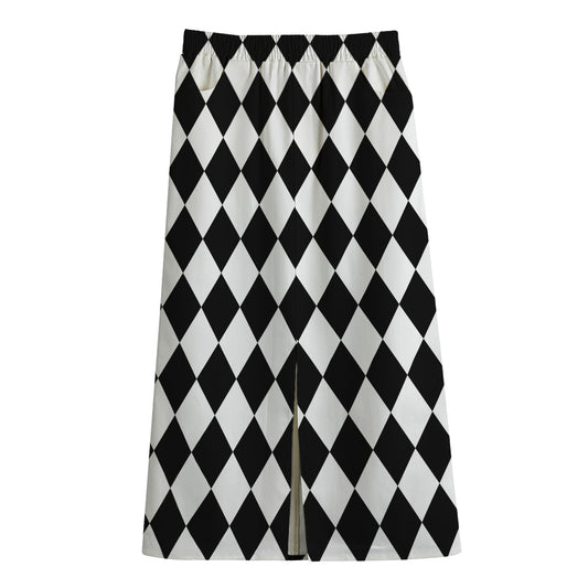 Black And White Harlequin Pattern Print Cotton Front Slit Maxi Skirt
