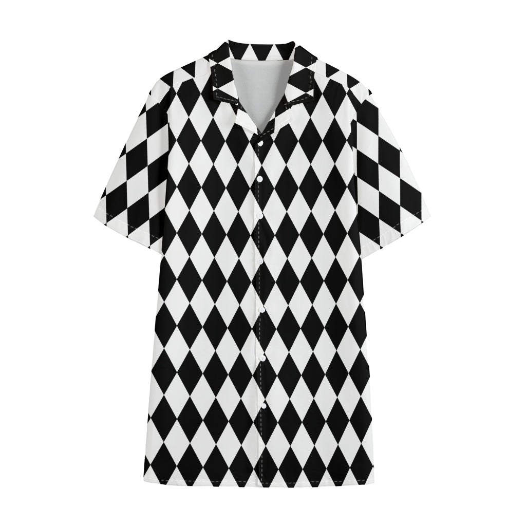 Black And White Harlequin Pattern Print Cotton Hawaiian Shirt