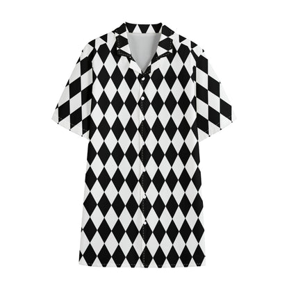 Black And White Harlequin Pattern Print Cotton Hawaiian Shirt