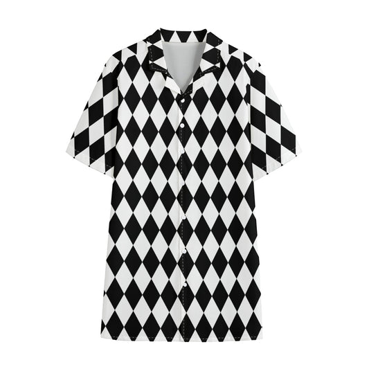 Black And White Harlequin Pattern Print Cotton Hawaiian Shirt