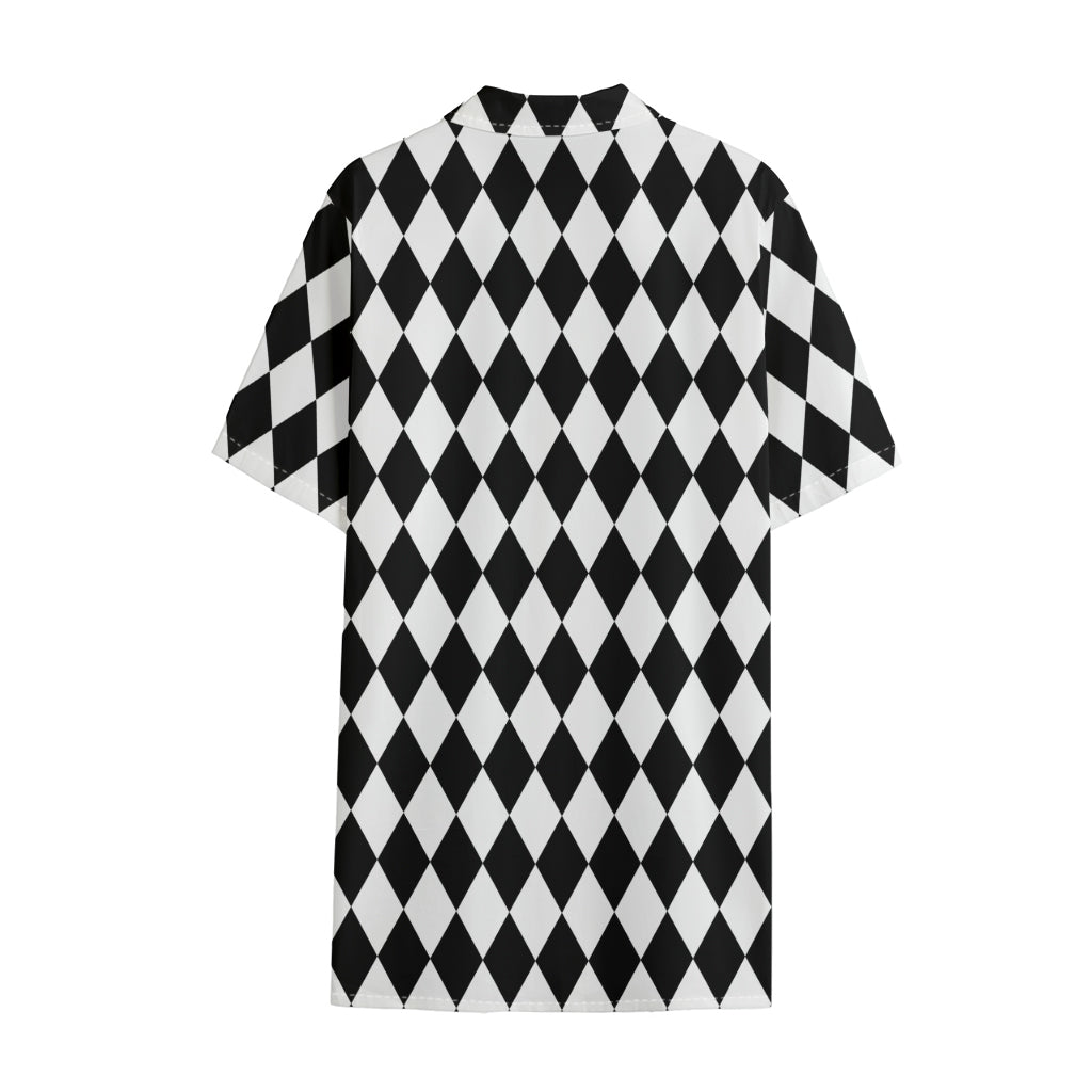 Black And White Harlequin Pattern Print Cotton Hawaiian Shirt